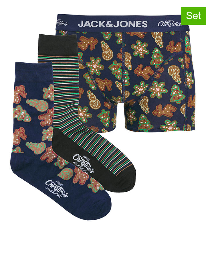 3tlg. Set: Socken & Boxershorts ''Gingerbread'' in Dunkelblau/ Schwarz