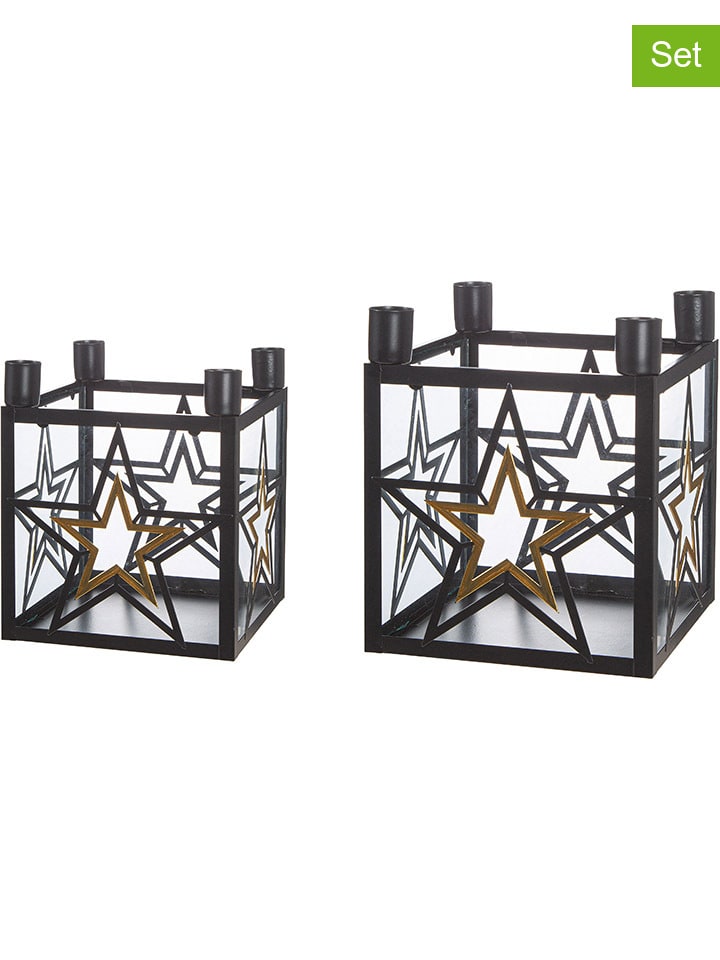 2-delige set: adventskaarshouders "Modern Star" zwart - (L)22 x (B)22 x (H)25 cm