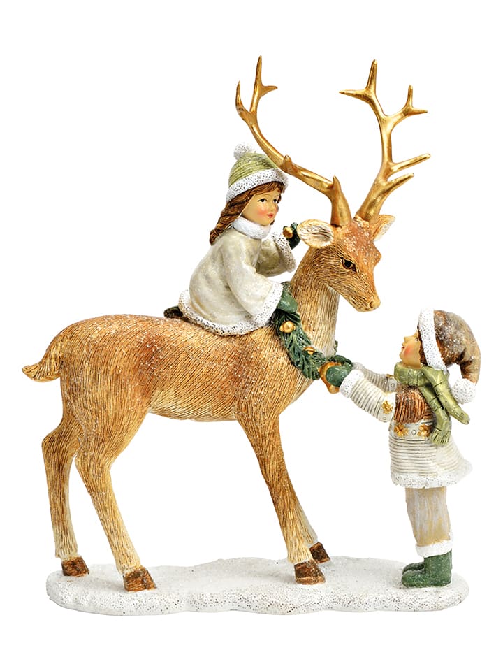 Decofiguur "Deer & Children" lichtbruin - (B)18 x (H)21 x (D)8 cm