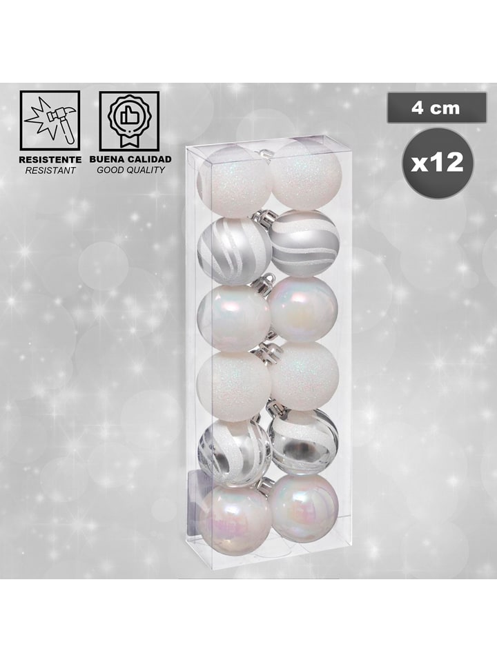 Bombki (12 szt.) w kolorze srebrno-białym - Ø 4 cm