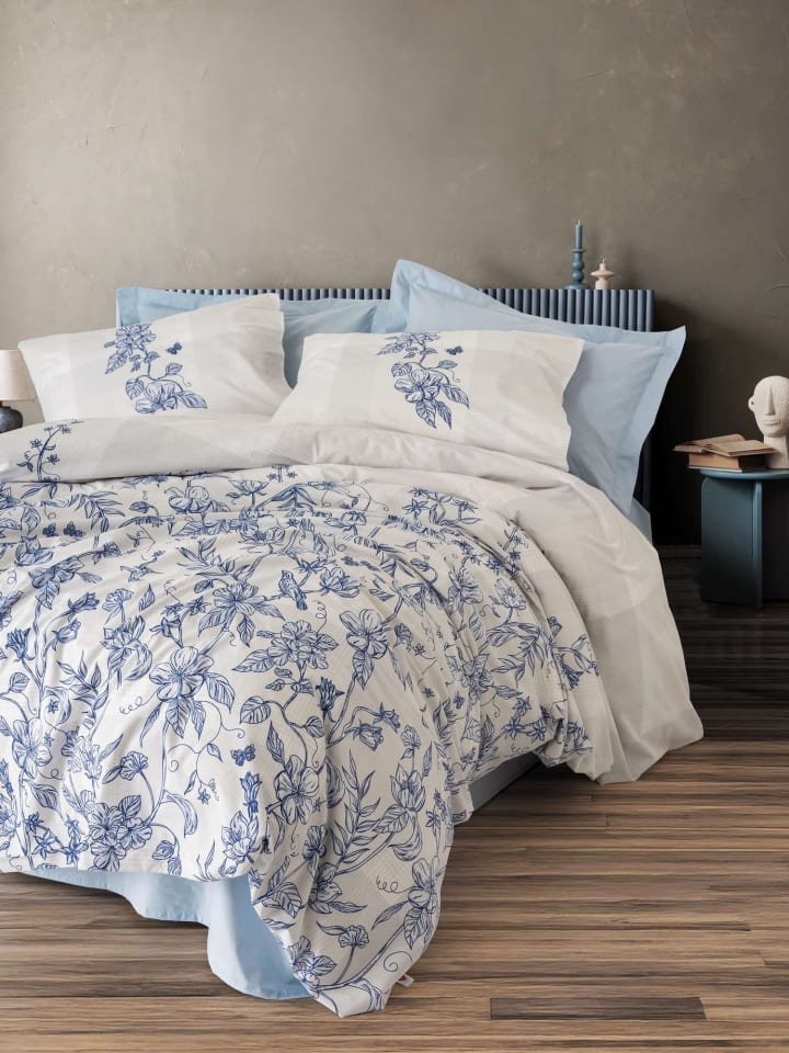 Renforcé beddengoedset "Linora" wit/blauw