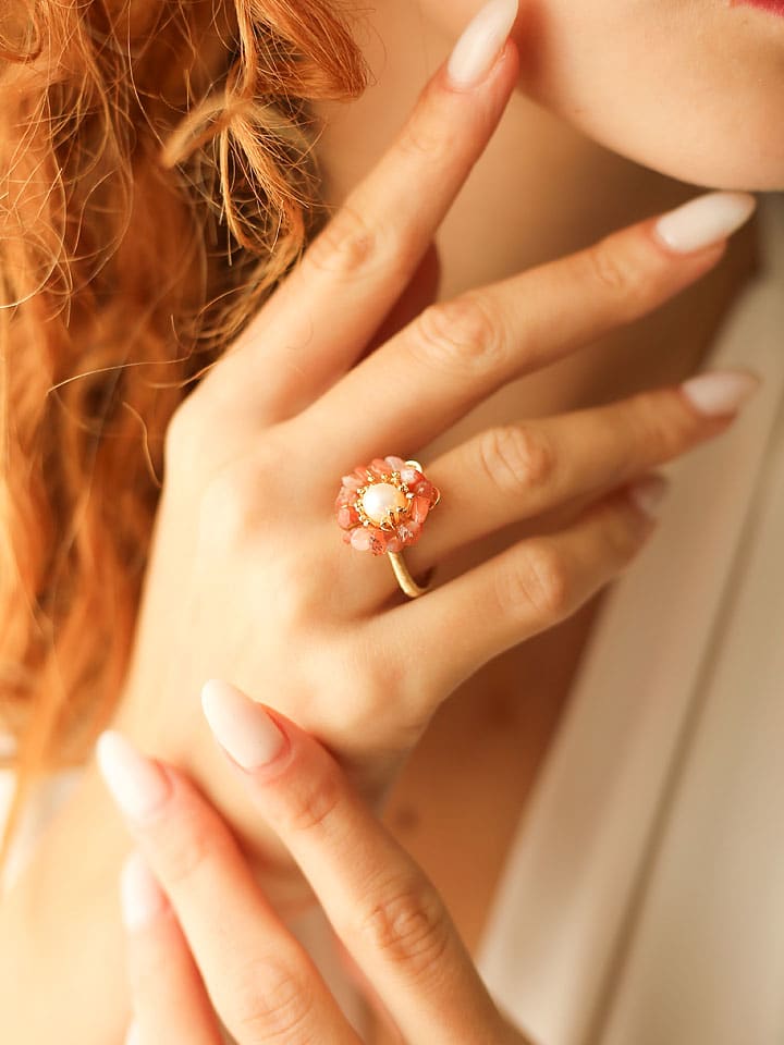 Vergold. Ring mit Perle und Edelsteinen