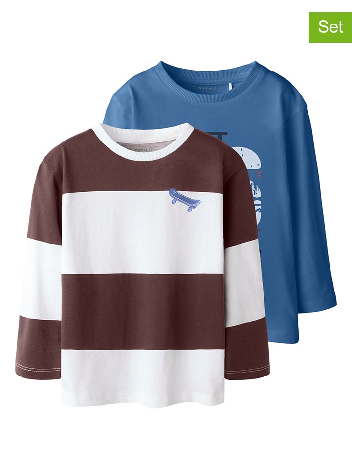 2-delige set: longsleeves blauw/bruin/wit
