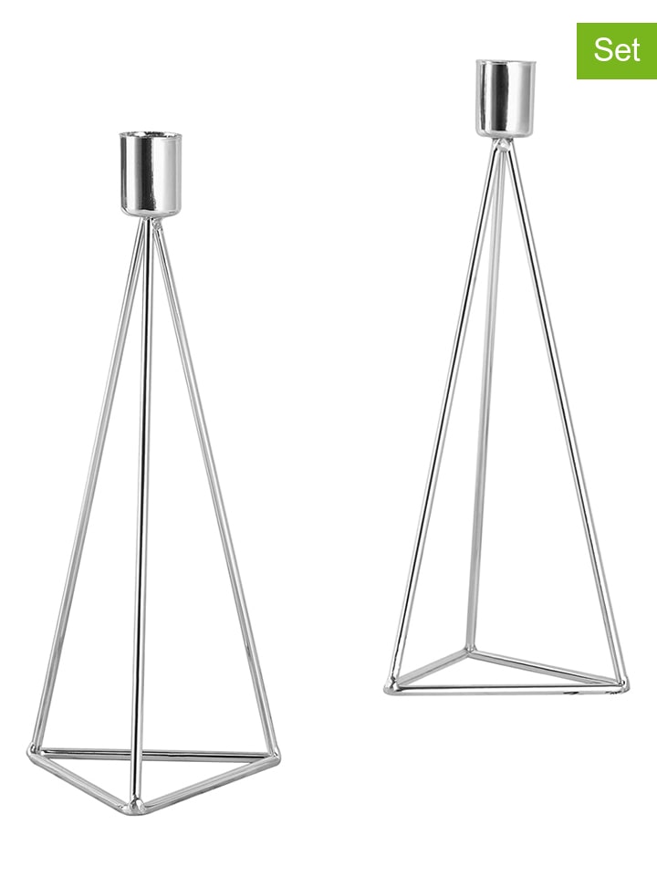 Świeczniki (2 szt.) "Diamond" w kolorze srebrnym - 9,5 x 24,5 x 9,5 cm