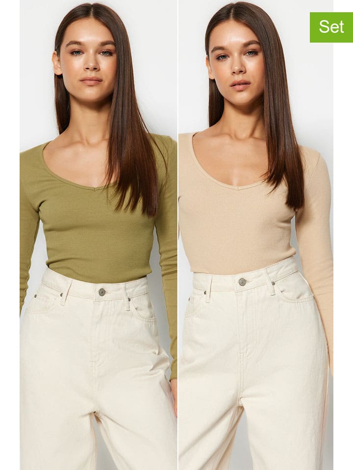 2er-Set: Longsleeves in Beige/ Oliv