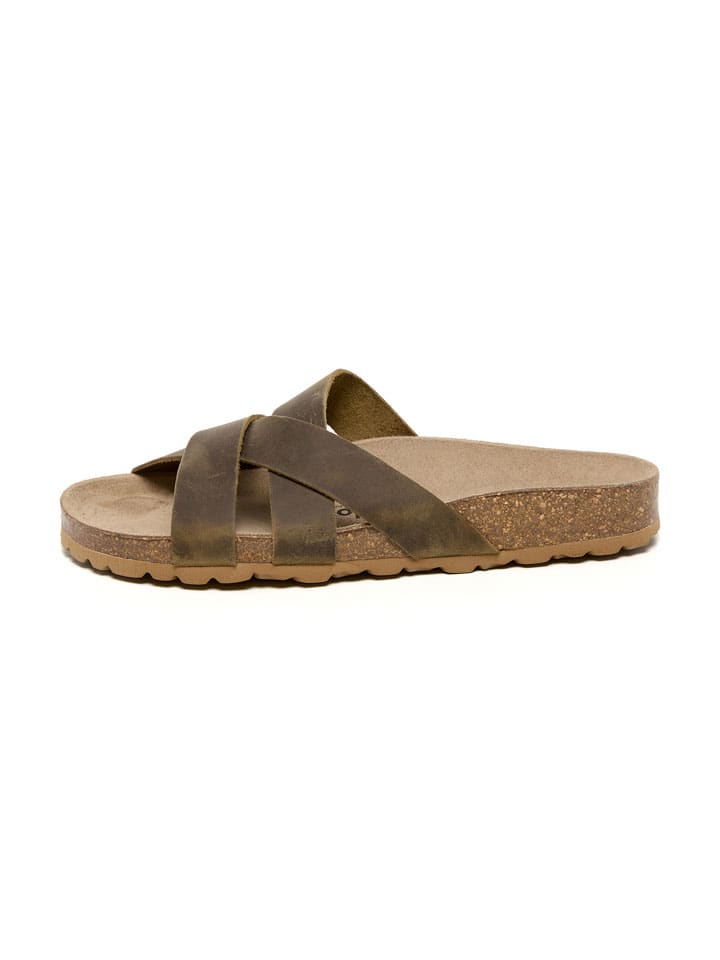 Leren slippers kaki