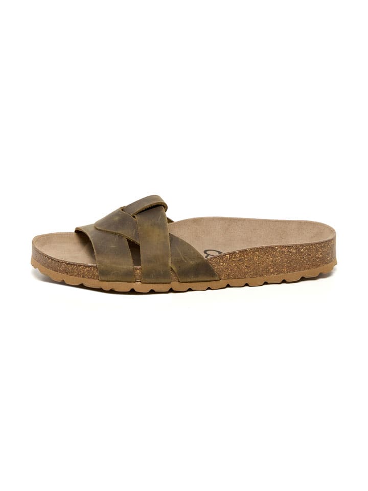 Leren slippers kaki