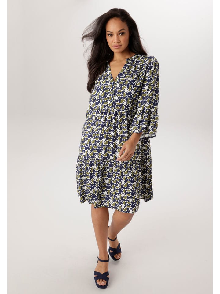 Kleid in Dunkelblau/ Oliv/ Weiß