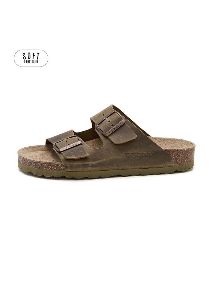 Leren slippers kaki