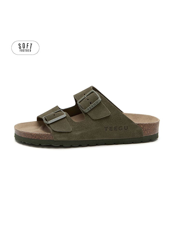 Leren slippers kaki