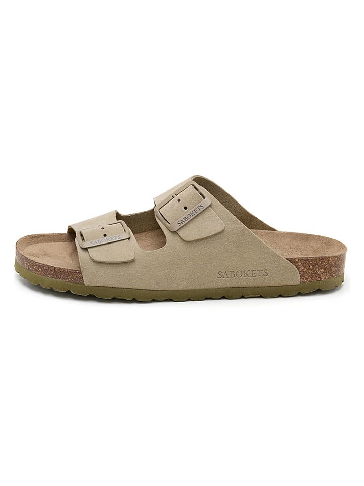 Leder-Pantoletten in Khaki