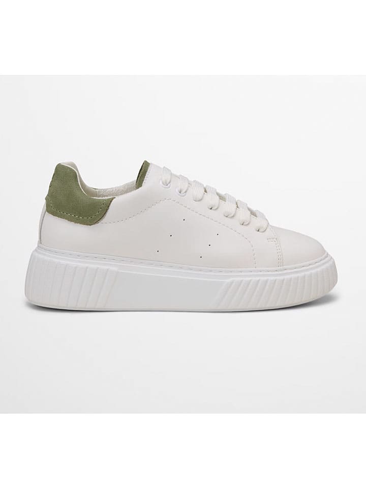 Leder-Sneakers in Weiß/ Khaki