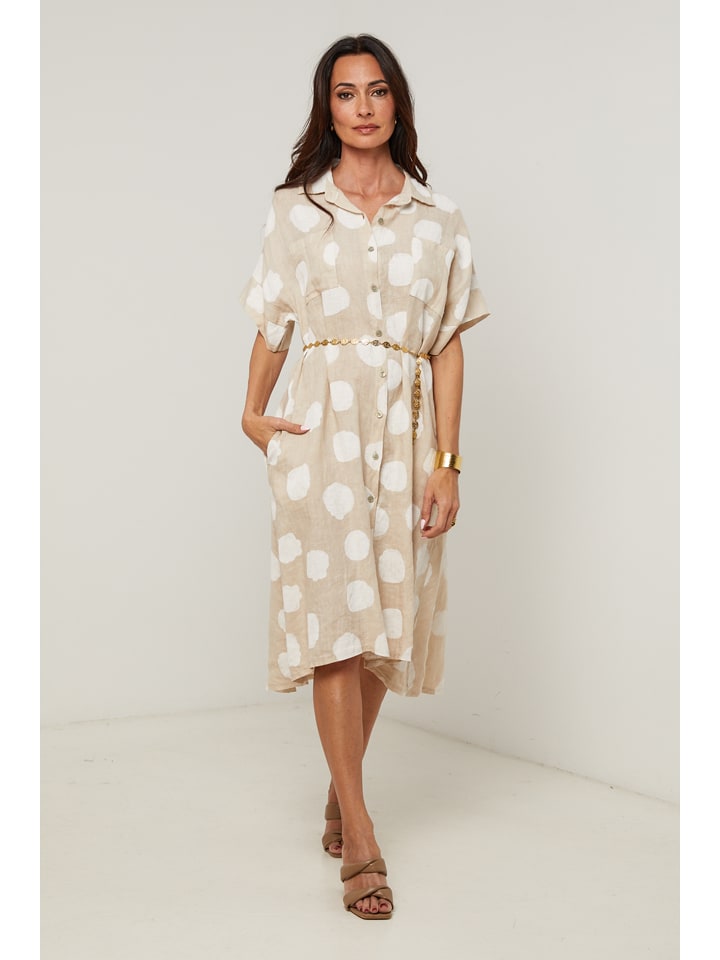 Leinen-Kleid in Beige/ Weiß