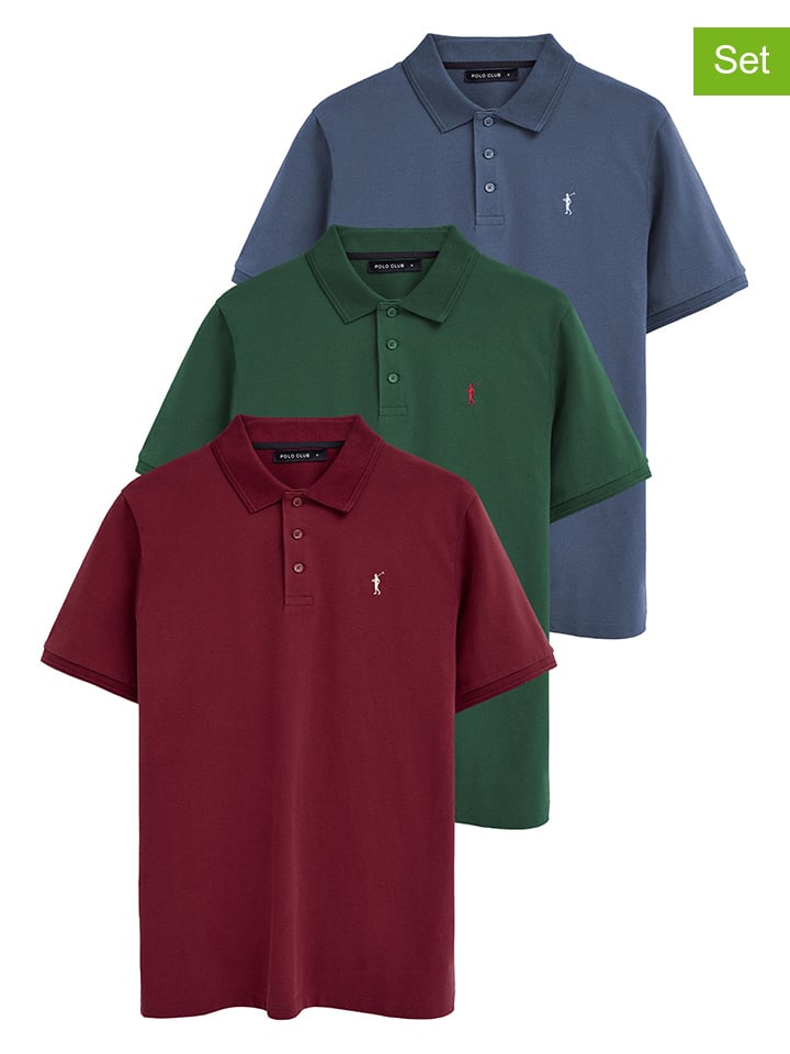 3er-Set: Poloshirts in Blaugrau/ Grün/ Bordeaux