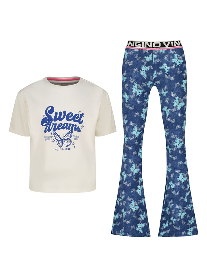 Pyjama in Creme/ Dunkelblau