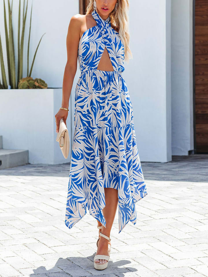 Kleid in Blau/ Creme/ Weiß