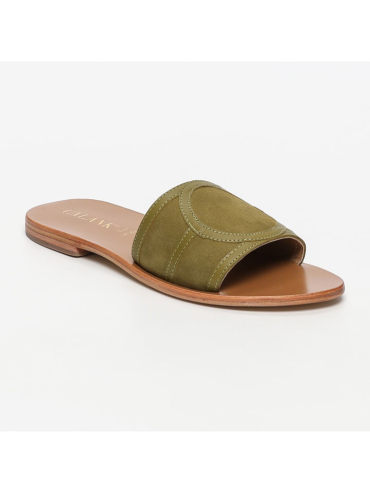 Leder-Pantoletten in Khaki