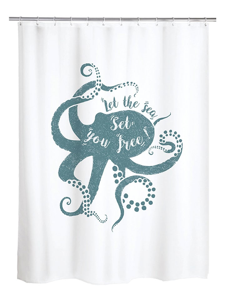 Duschvorhang ''Kraken'' in Weiß/ Blau - (L)180 x (B)200 cm
