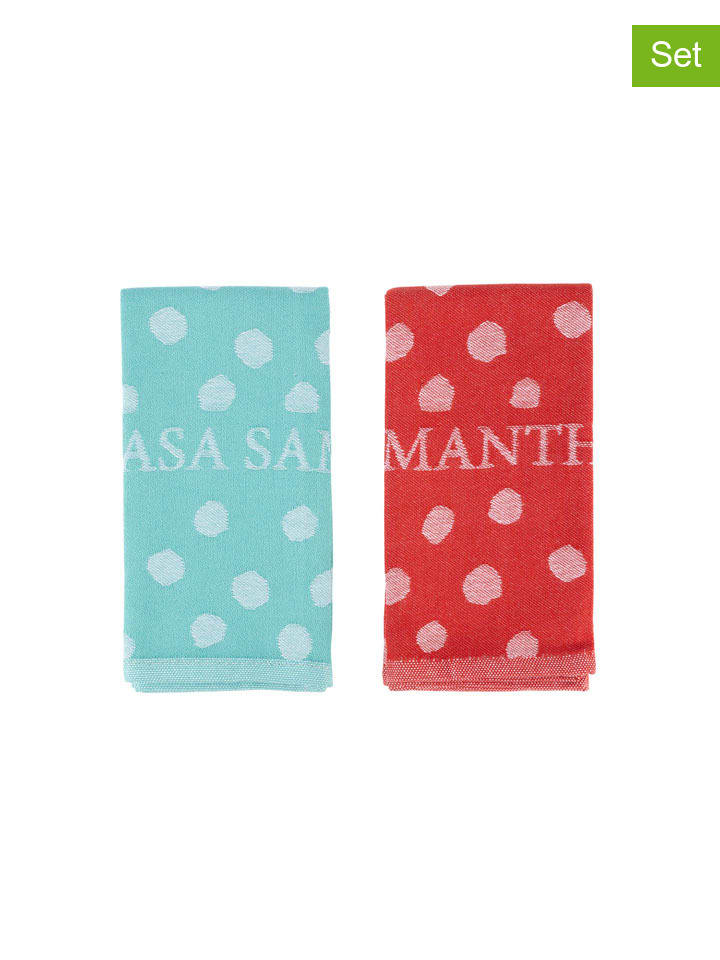 2-delige set: theedoeken turquoise/rood - (L)45 x (B)45 cm