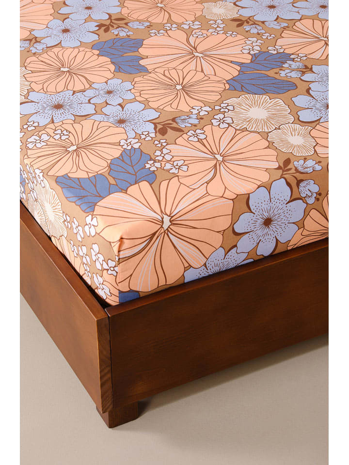 Hoeslaken "Fiori Bold" lichtbruin/lichtroze/lichtblauw