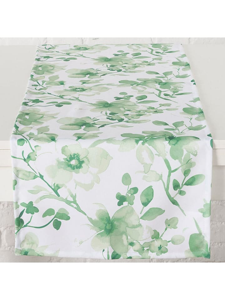 Tafelloper "Kate" wit/groen - (L)140 x (B)40 cm