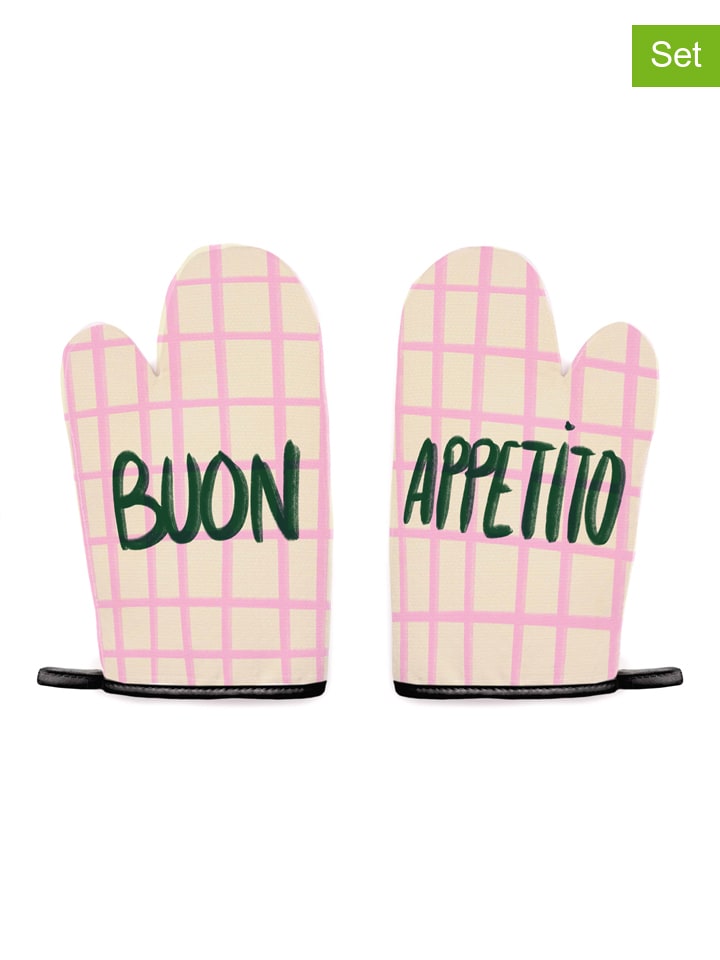 2-delige set: ovenwanten ''Buon Appetito'' crème/lichtroze - (L)28 x (B)16,5 cm