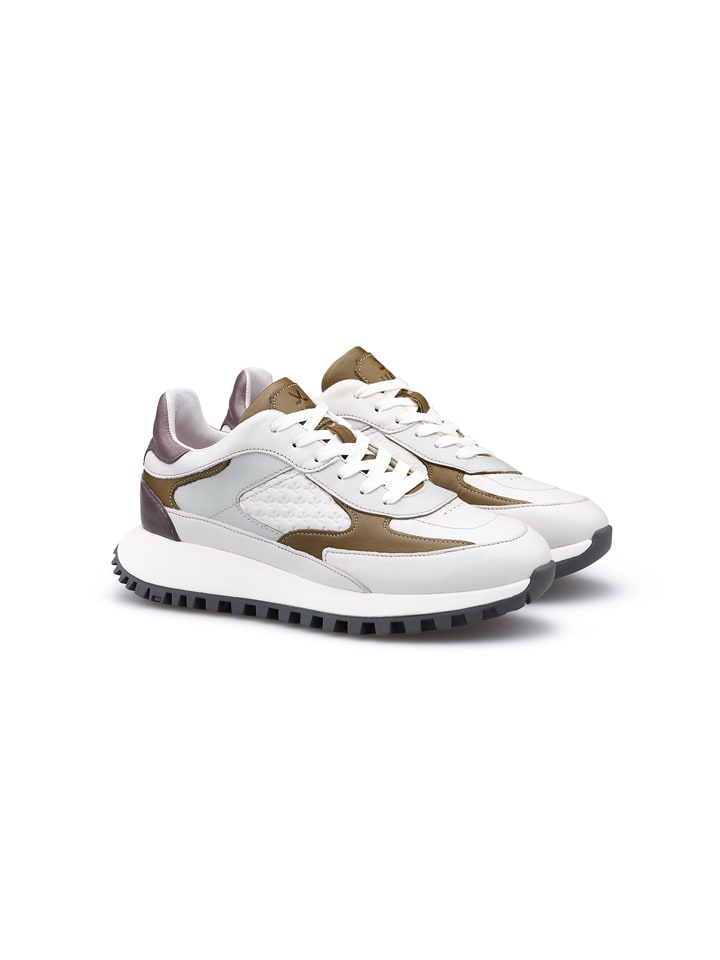 Skórzane sneakersy w kolorze biało-fioletowo-jasnobrązowym