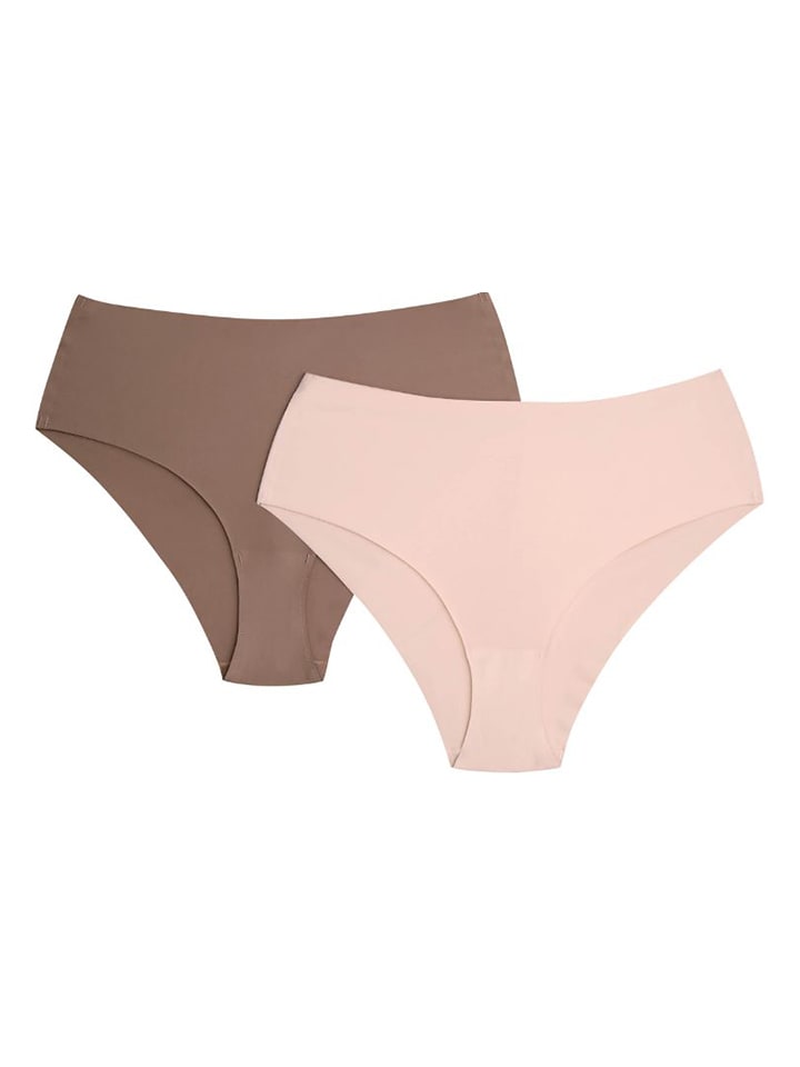 Figi high waist (2 pary) w kolorze brązowym i beżowym