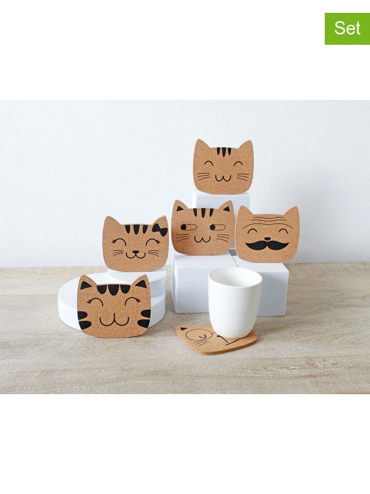6er-Set: Untersetzer ''Cat Family'' in Hellbraun - (L)10,5 x (B)12 cm