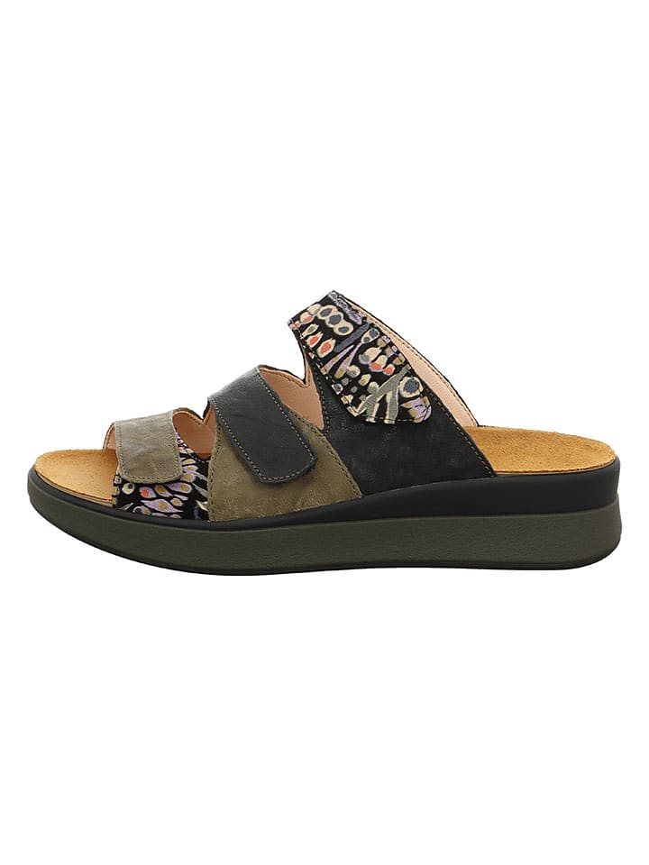 Leren slippers kaki/zwart