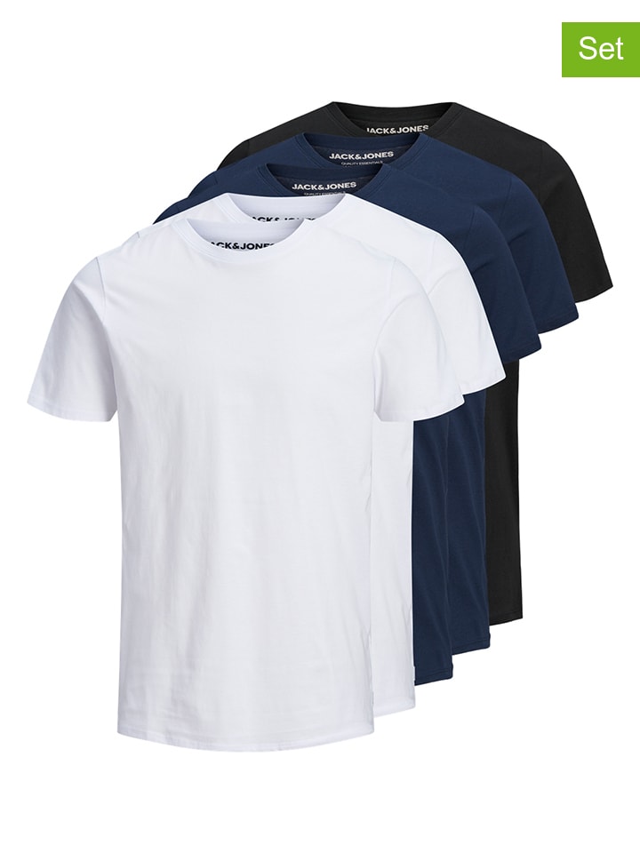5er-Set: Shirts "Jjeorganic" in Dunkelblau/ Weiß/ Schwarz