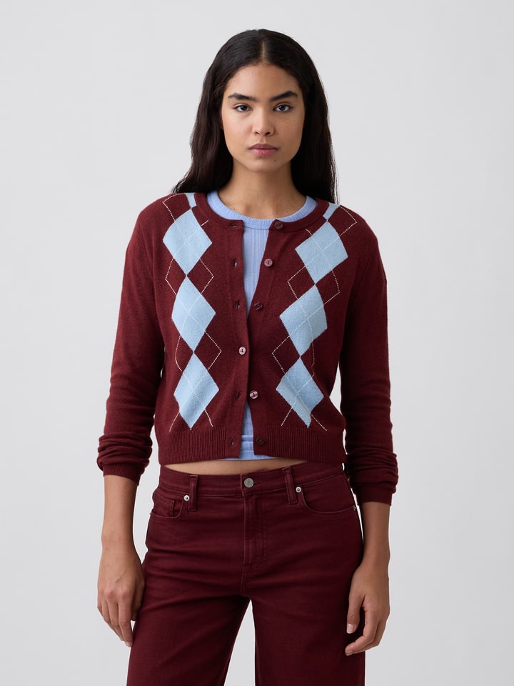Cardigan in Bordeaux/ Hellblau