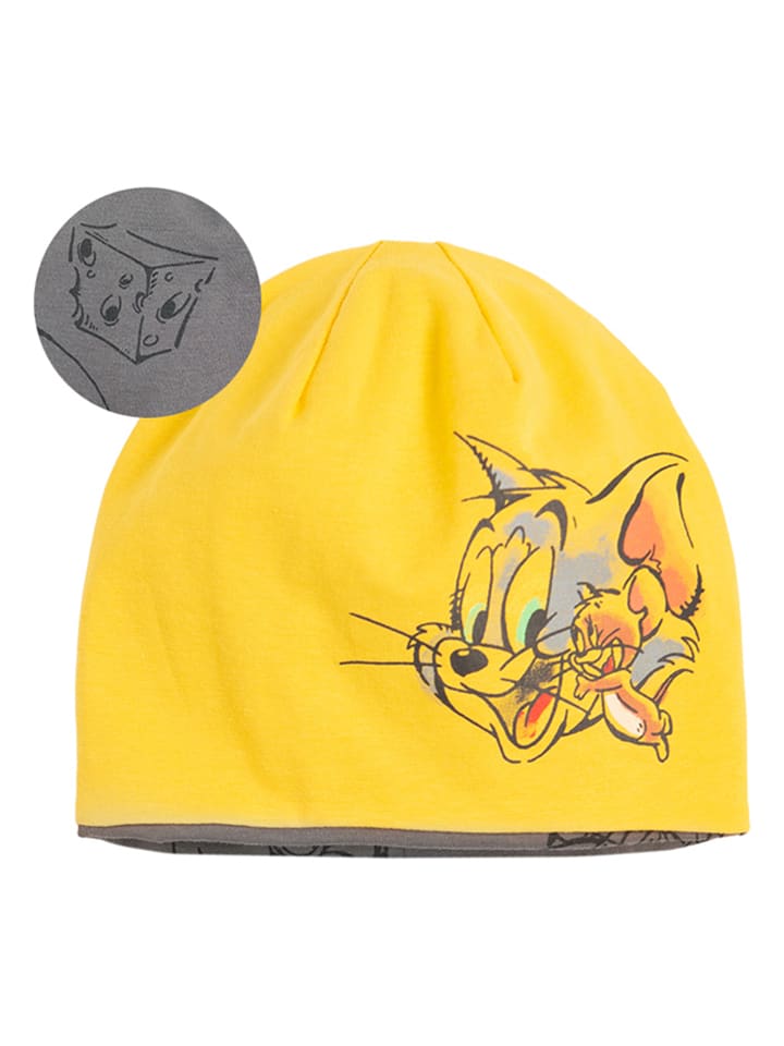 Dwustronna czapka beanie w kolorze szaro-żółtym