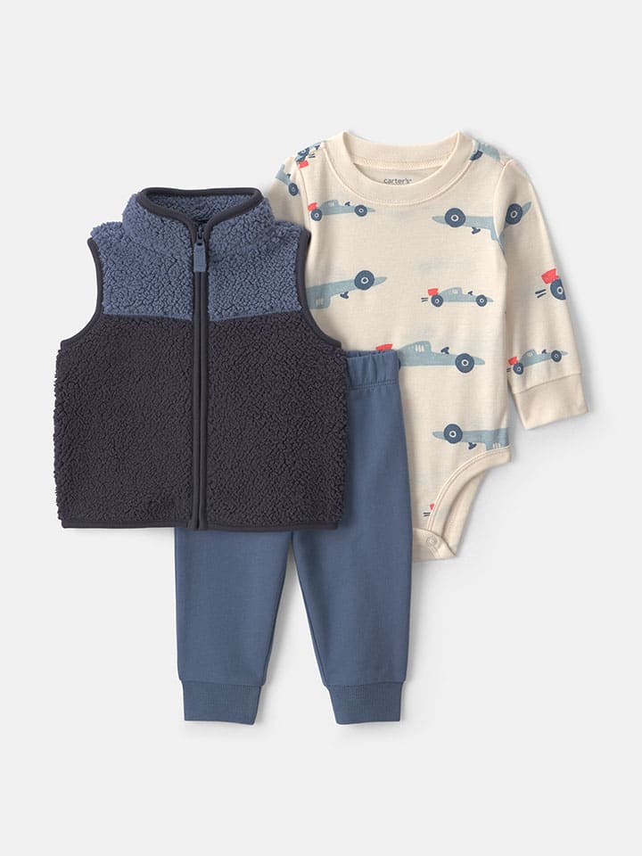 3tlg. Outfit in Blau/ Creme