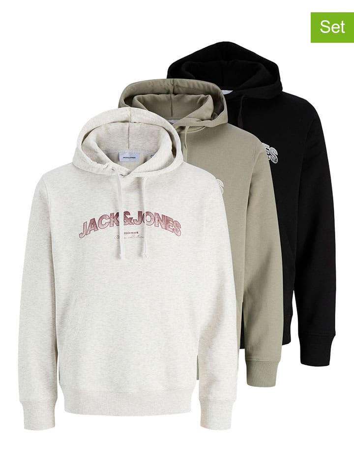 3er-Set: Hoodies in Khaki/ Creme/ Schwarz