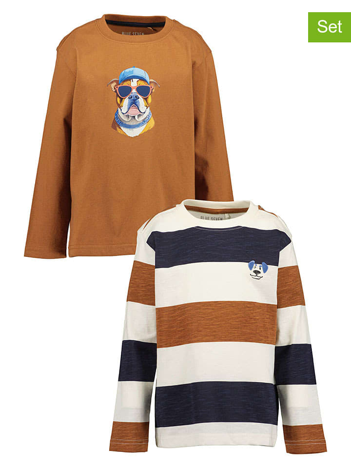 2er-Set: Longsleeves in Camel/ Creme/ Dunkelblau