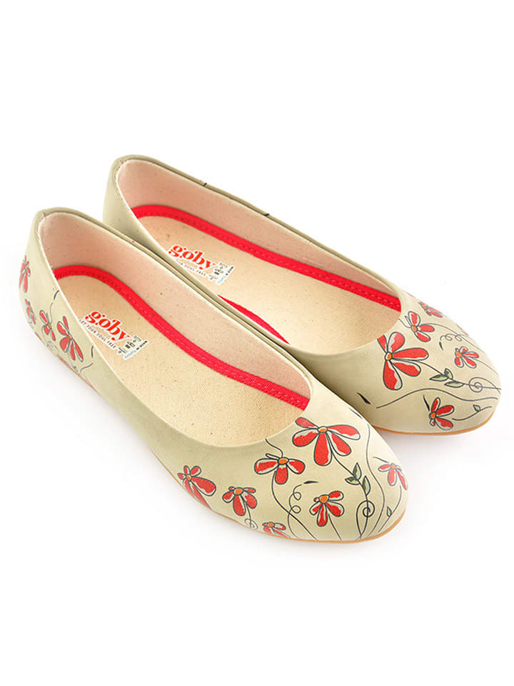 Leder-Ballerinas in Beige/ Rot