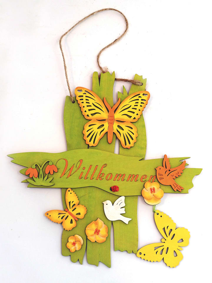 Dekoschild "Willkommen" in Hellgrün/ Bunt - (B)28 x (H)31 x (T)2 cm