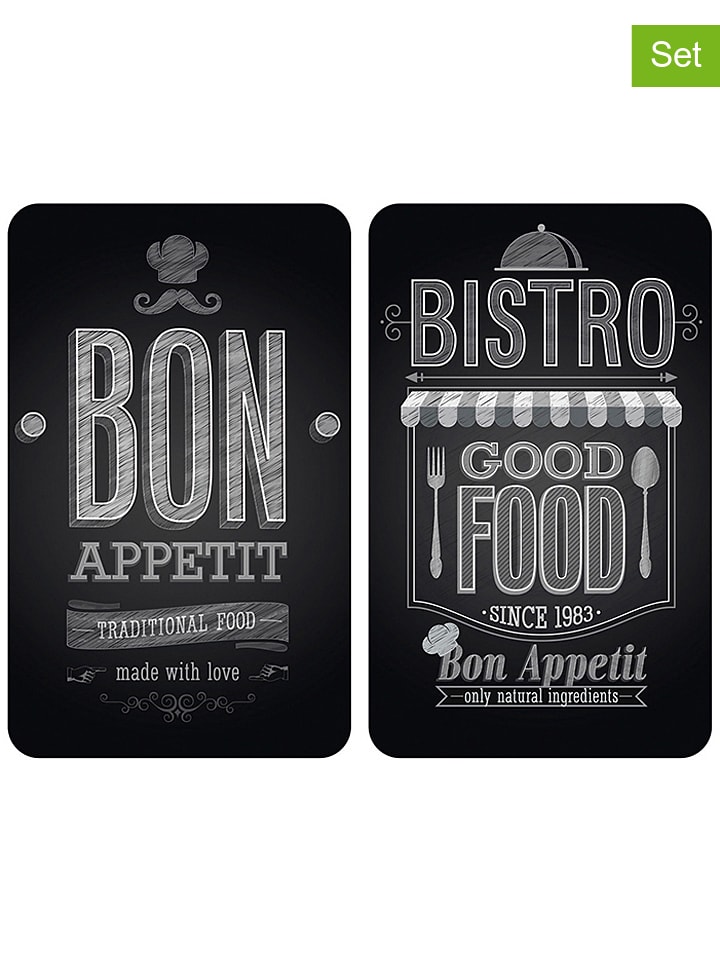 2er-Set: Herdabdeckplatten "Bon Appetit" in Schwarz - (L)30 x (B)52 cm