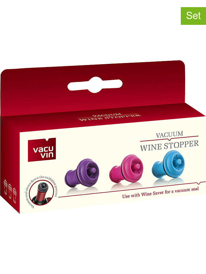 3er-Set: Weinpumpen-Stopfen in Pink/ Blau/ Lila
