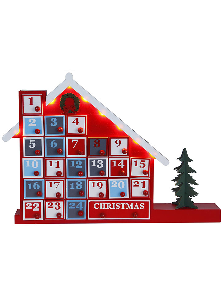 Kalendarz adwentowy LED "Yuletide" w kolorze czerwonym ze wzorem - 44 x 32 cm