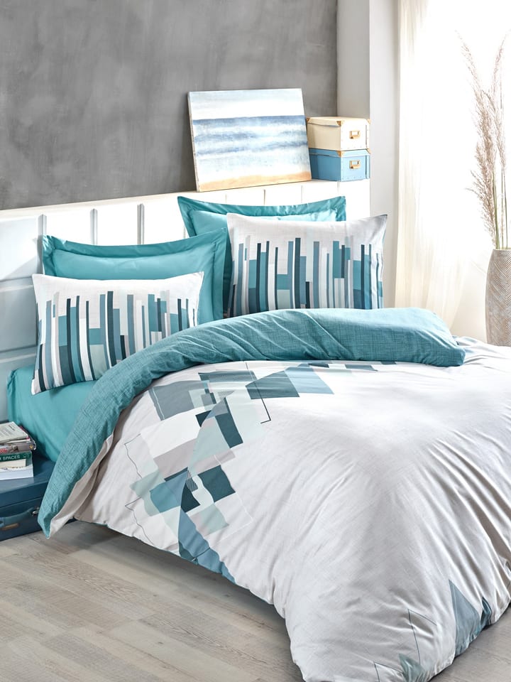 Renforcé beddengoedset "Nesto" wit/petrol