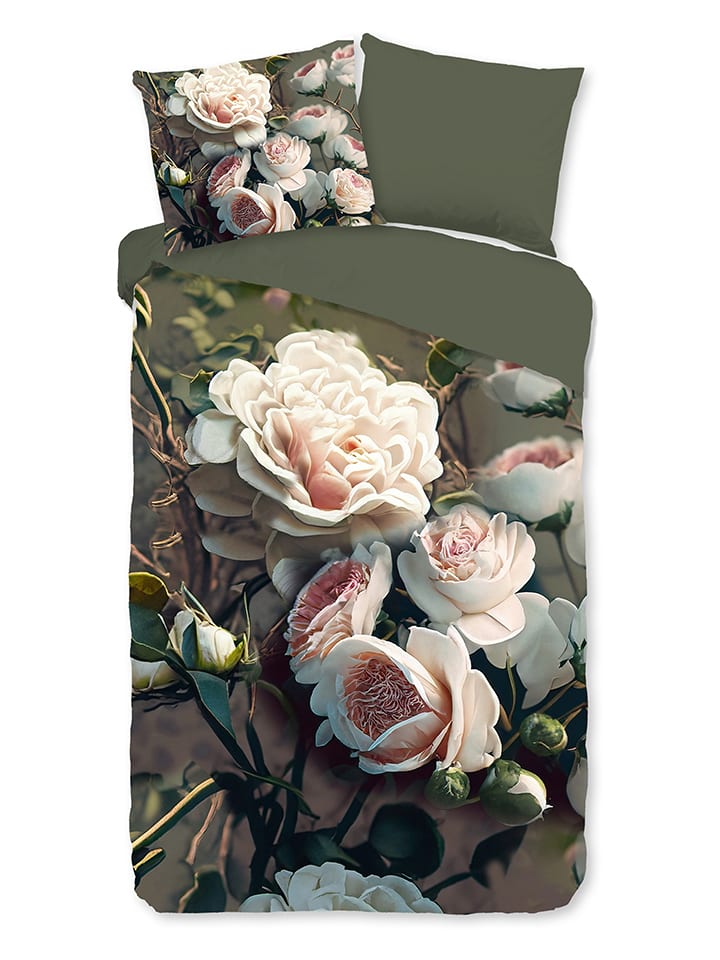 Komplet pościeli "White Roses" w kolorze oliwkowo-jasnoróżowym z mikrofibry