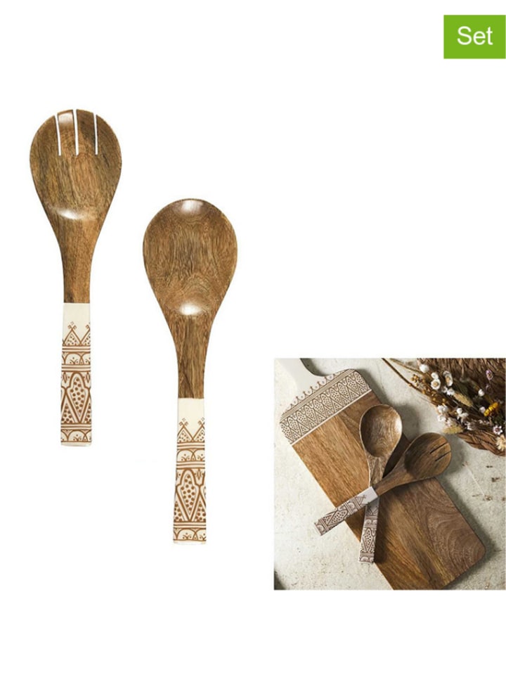 Sztućce sałatkowe (2 szt.) w kolorze brązowo-beżowym - dł. 30 cm
