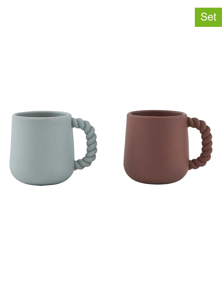 Kubki (2 szt.) w kolorze błękitnym i brązowym - wys. 7,5 x Ø 10 cm
