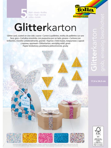 folia PAPER Glitzerkarton in Bunt - 5 Blatt - (L)24,5 x (B)17,4 cm
