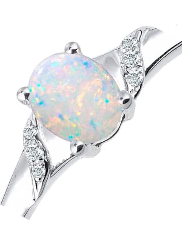 Revoni Witgouden ring met diamanten en opaal