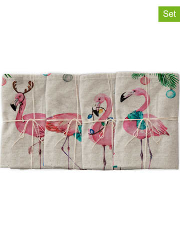 Tierra Bella 4er-Set: Servietten "Christmas Flamingo" in Beige/ Rosa - (L)43 x (B)43 cm