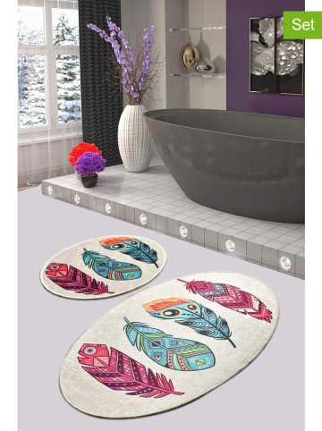 Colorful Cotton Dywaniki łazienkowe (2 szt.) "Feather" w kolorze kremowym ze wzorem