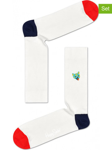 Happy Socks 2-delige set: sokken "Ribb Embroidery Cat" wit/meerkleurig